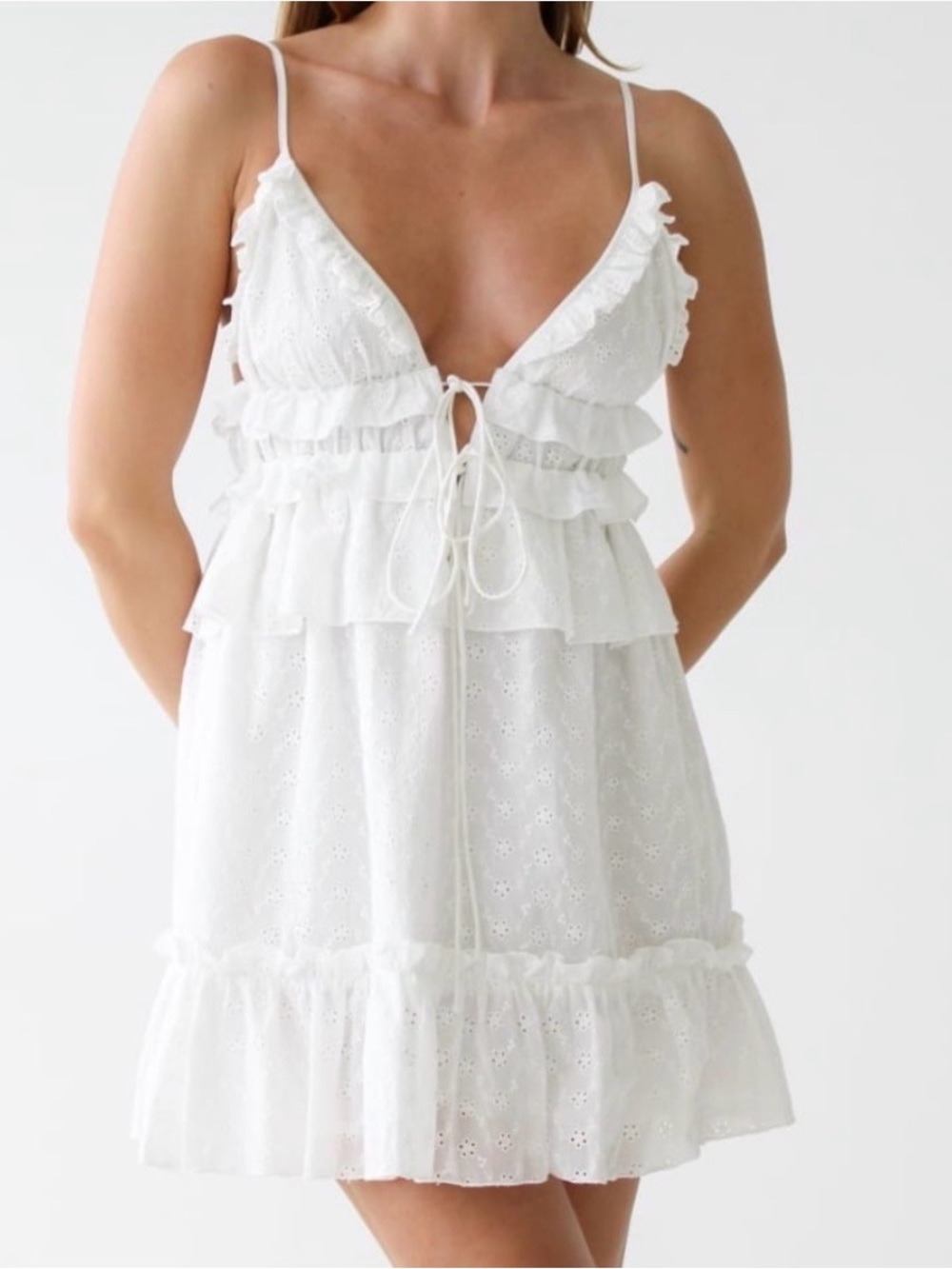 Rumored White Eyelet Ruffle Mini Dress